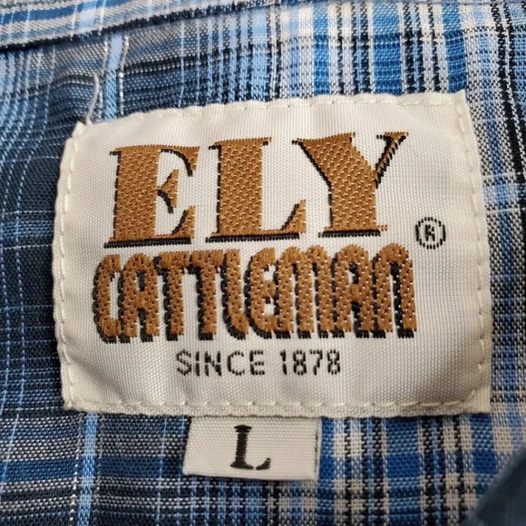 Ely Cattleman Western Shirt Large Blue Silver Plaid Pearl Cowboy Rodeo Dance - Picture 3 of 14